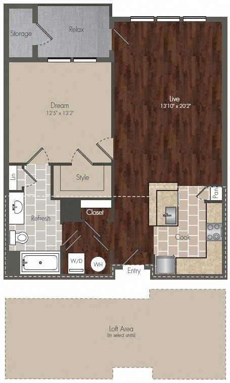 Floor plan for 1 bed, 1 bath, 822 sqft
